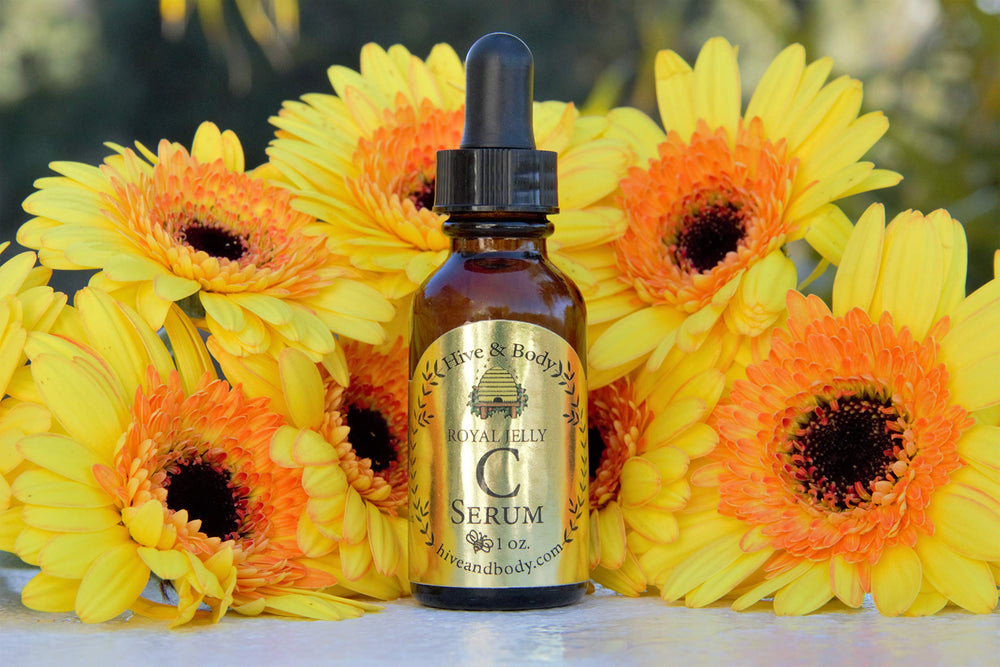 Packaging of Hive and Body Vitamin C Serum on display emphasizes natural sourcing.