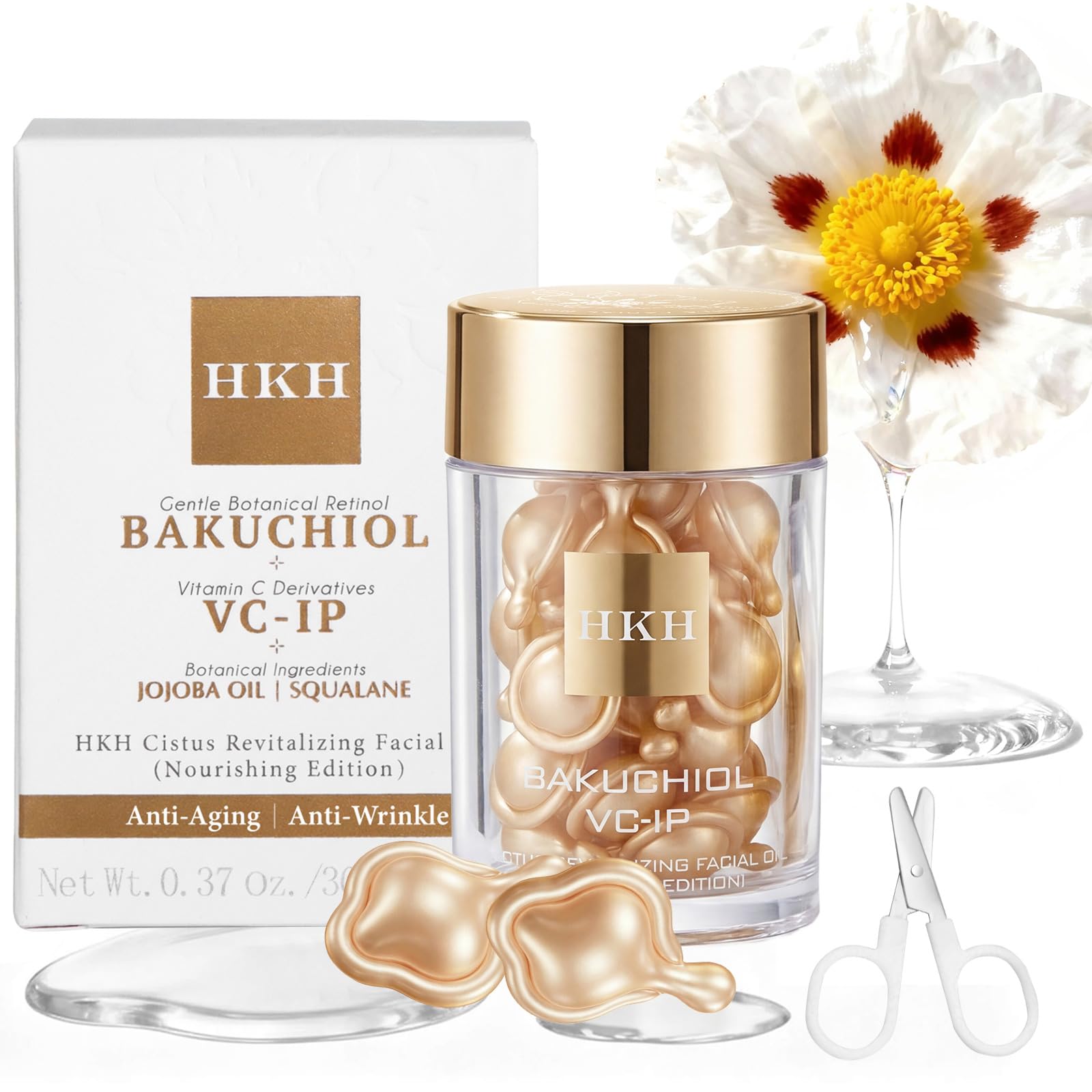 HKH Bakuchiol Serum bottle featured for nightly skincare, travel-ready design.