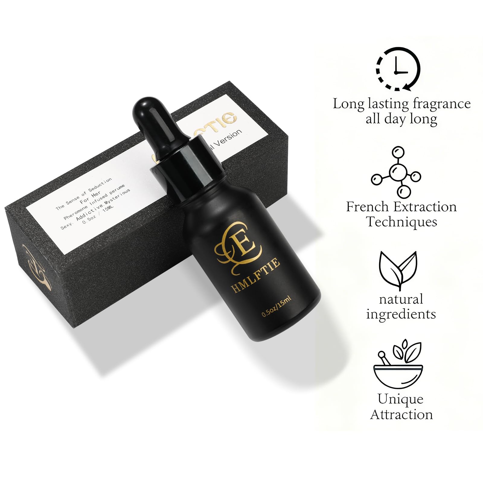 HMLFTIE black glass bottle with gold accents for elegant storage.