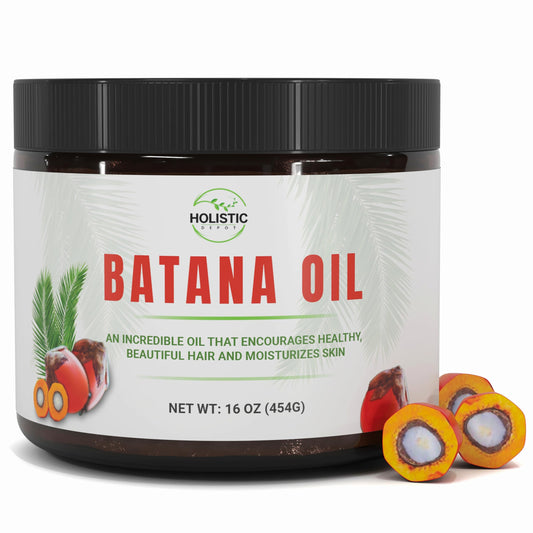 Holistic Depot Batana Oil bottle pour for smooth hair and skin hydration.