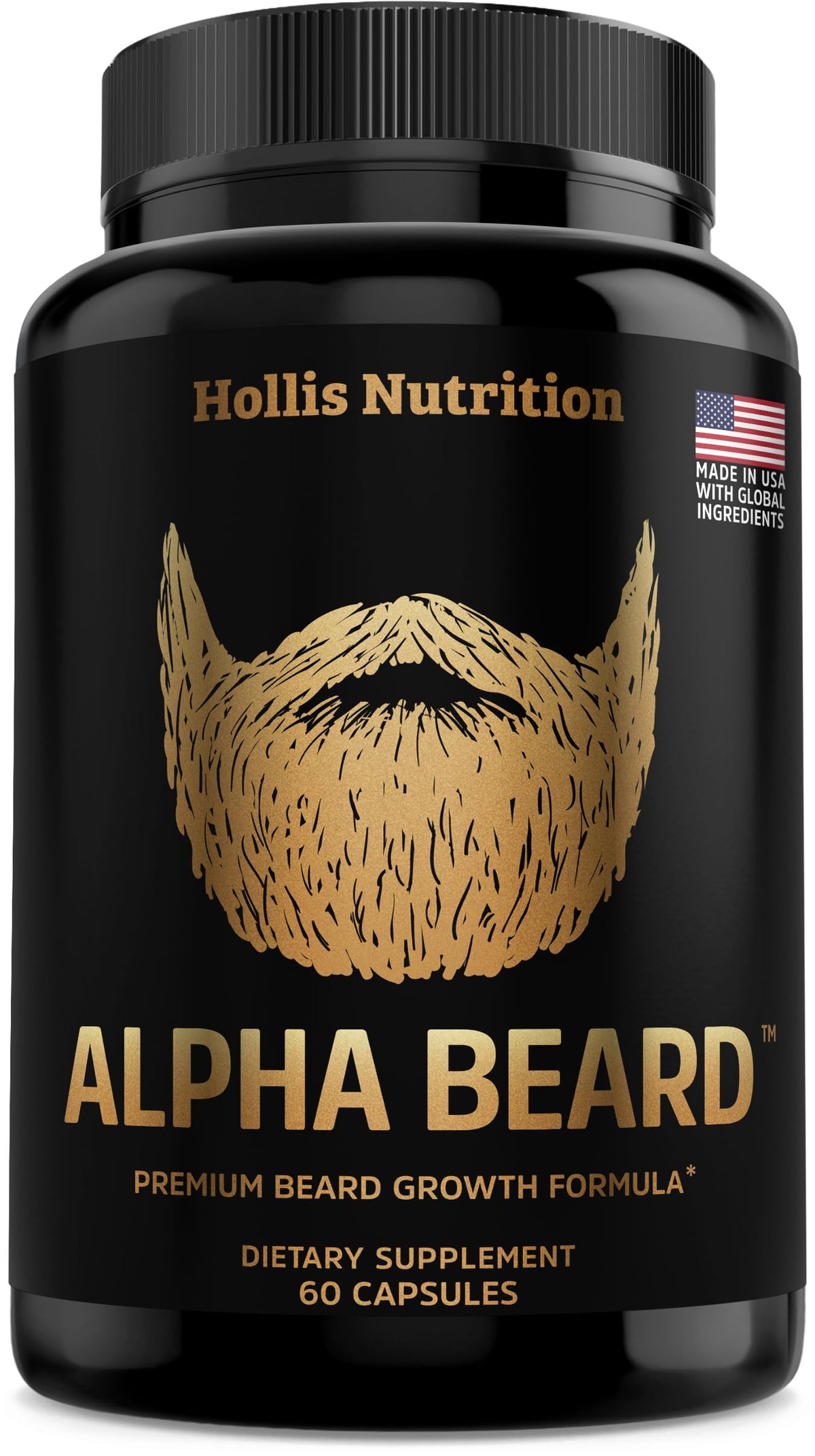 Hollis Nutrition Alpha Beard bottle front supports healthy beard and hair routine.