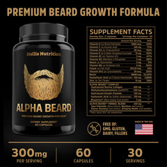 Hollis Nutrition Alpha Beard capsules closeup highlights biotin and keratin ingredients.