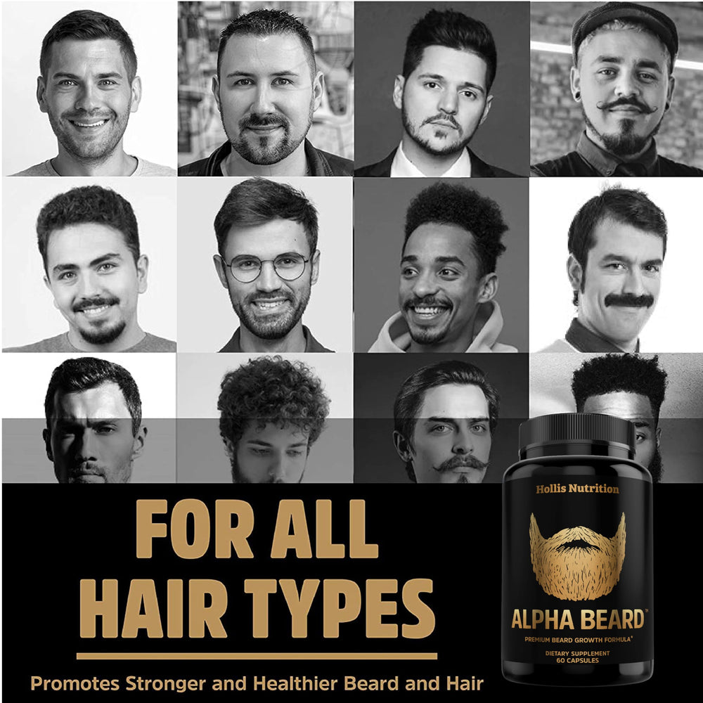 Hollis Nutrition Alpha Beard hyaluronic acid boosts skin hydration.