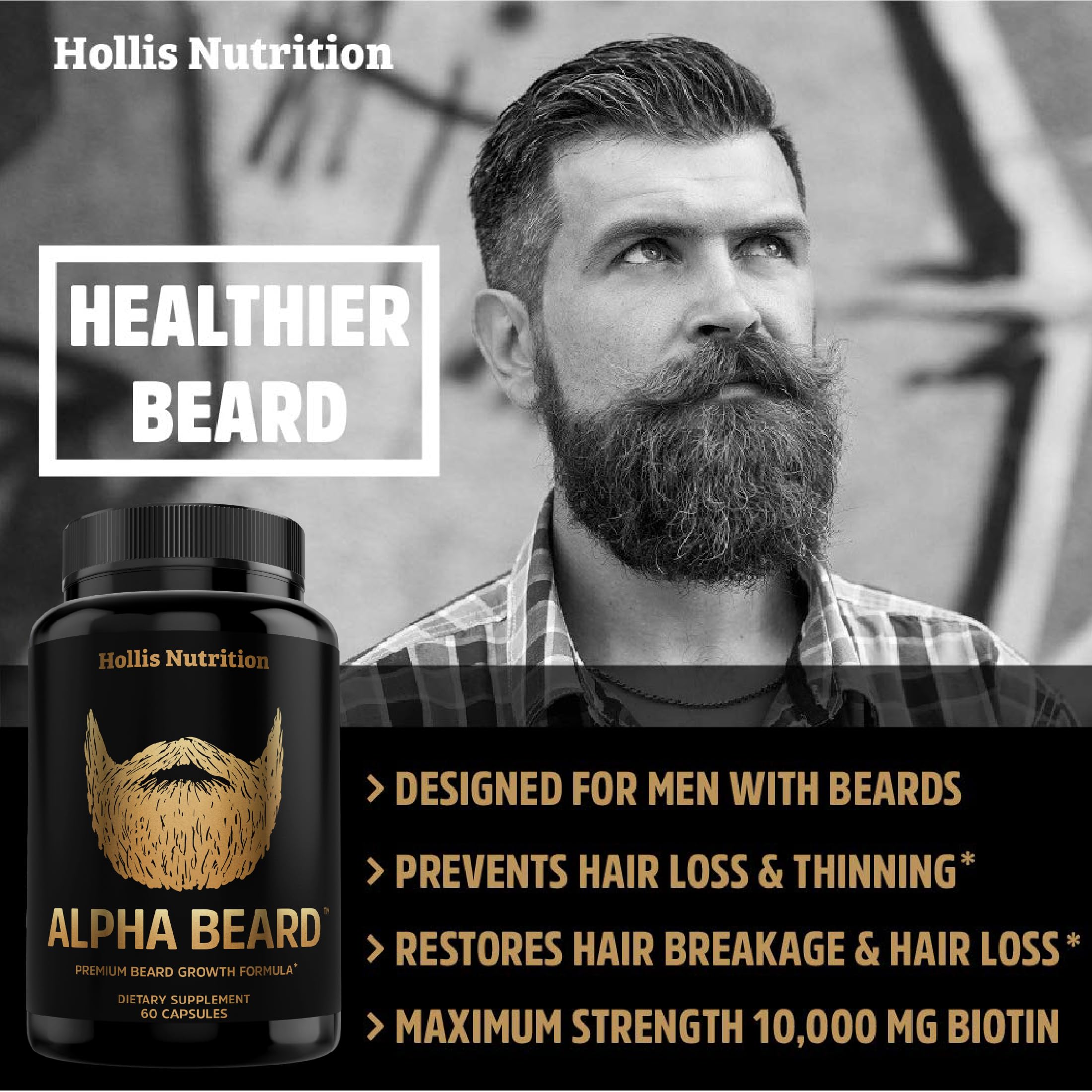 Hollis Nutrition Alpha Beard ingredients table showcases nourishing nutrients.