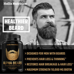 Hollis Nutrition Alpha Beard ingredients table showcases nourishing nutrients.