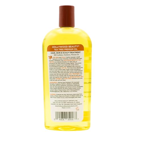 Hollywood Beauty Tea Tree Oil label close-up highlights seven natural oils.