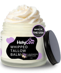 HolyCow beef tallow balm jar closeup highlighting creamy hydration for the skin.