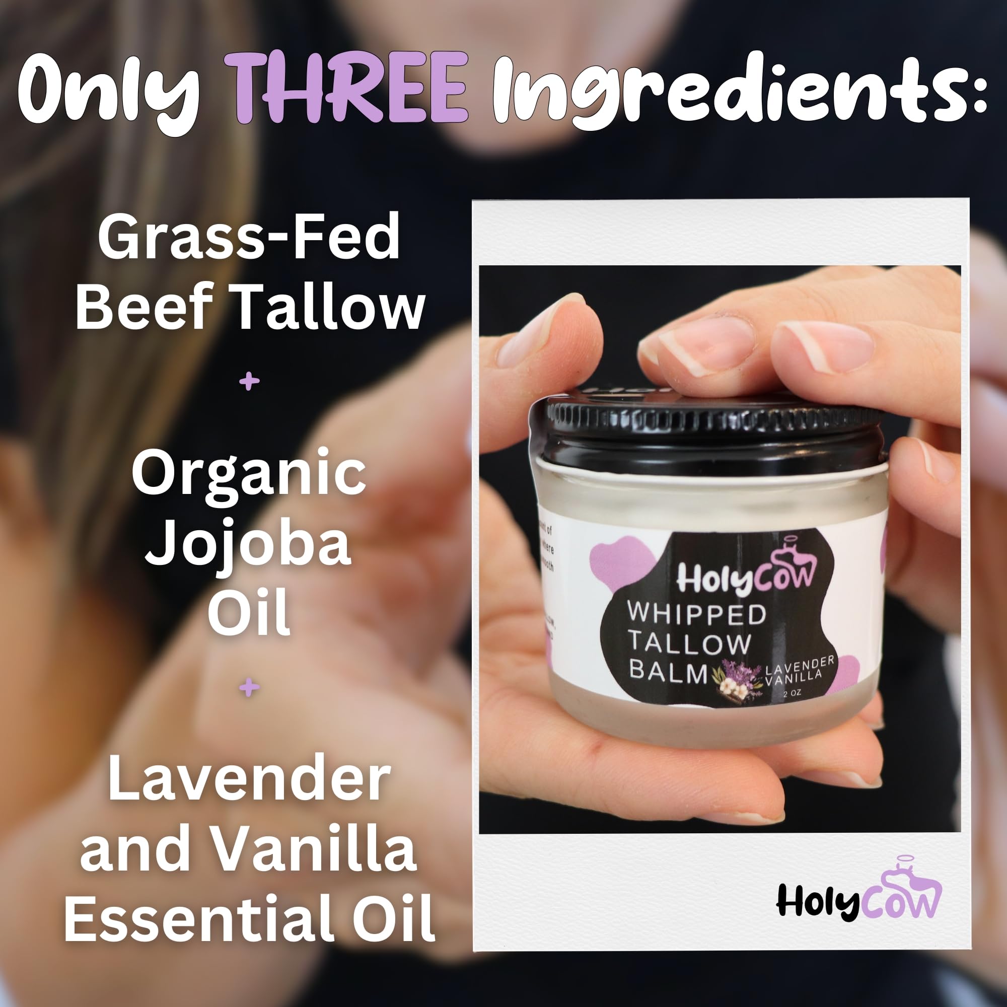 HolyCow beef tallow balm texture swirl illustrating smooth, non-greasy moisture.