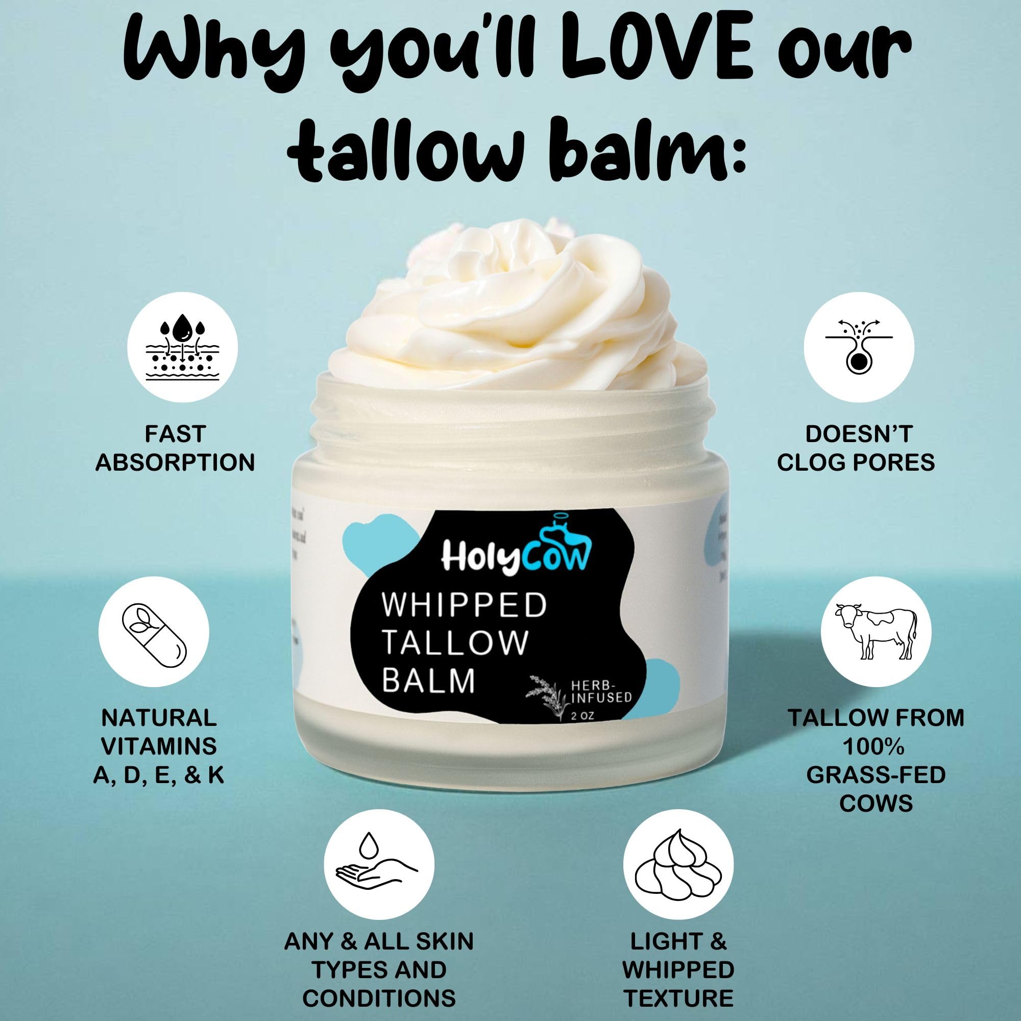 HolyCow organic jojoba oil bottle complements tallow for balanced hydration