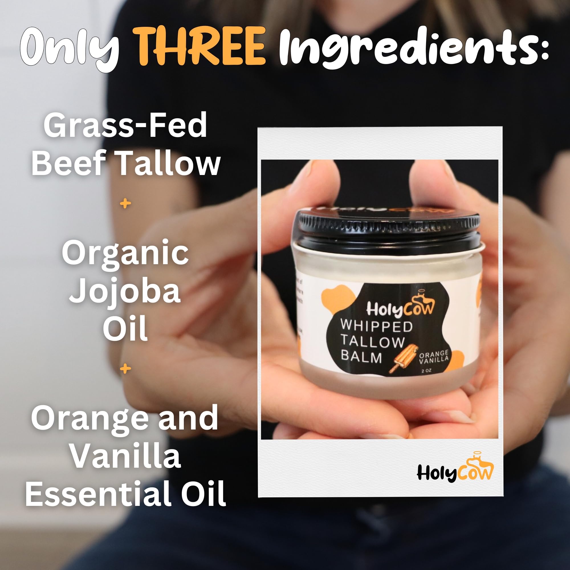 HolyCow tallow texture close-up shows creamy, lightweight hydration.