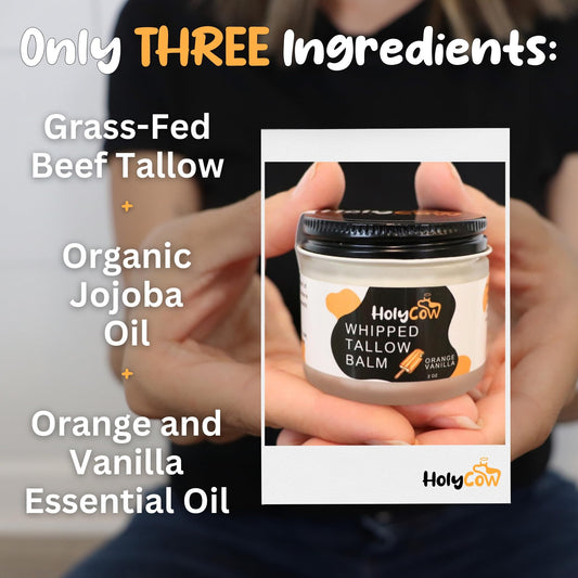 HolyCow tallow texture close-up shows creamy, lightweight hydration.