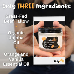 HolyCow tallow texture close-up shows creamy, lightweight hydration.