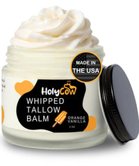 HolyCow whipped tallow balm jar with orange-vanilla scent for dry skin.