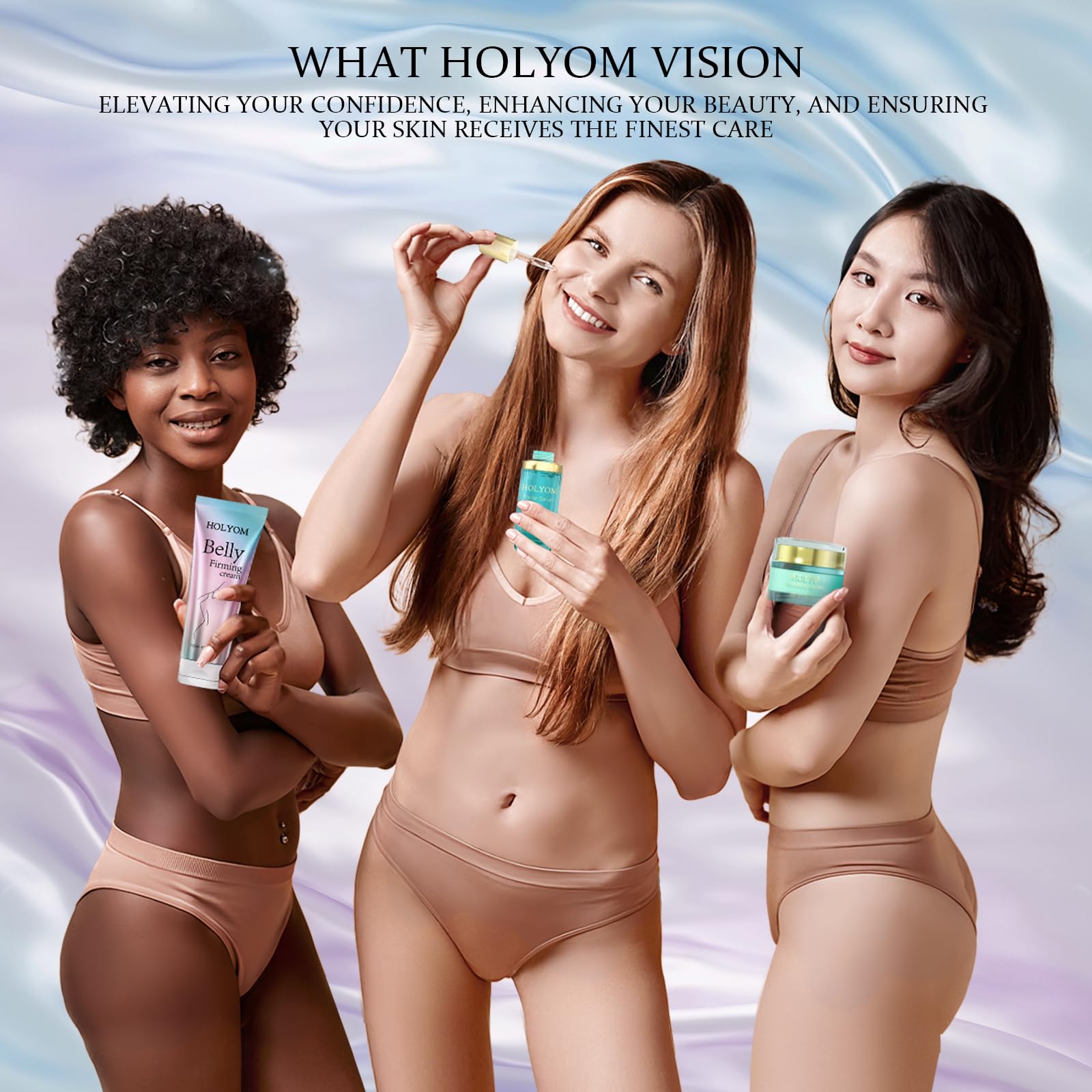 HOLYOM B Flat Belly Cream massage action demonstrates gentle application on target areas