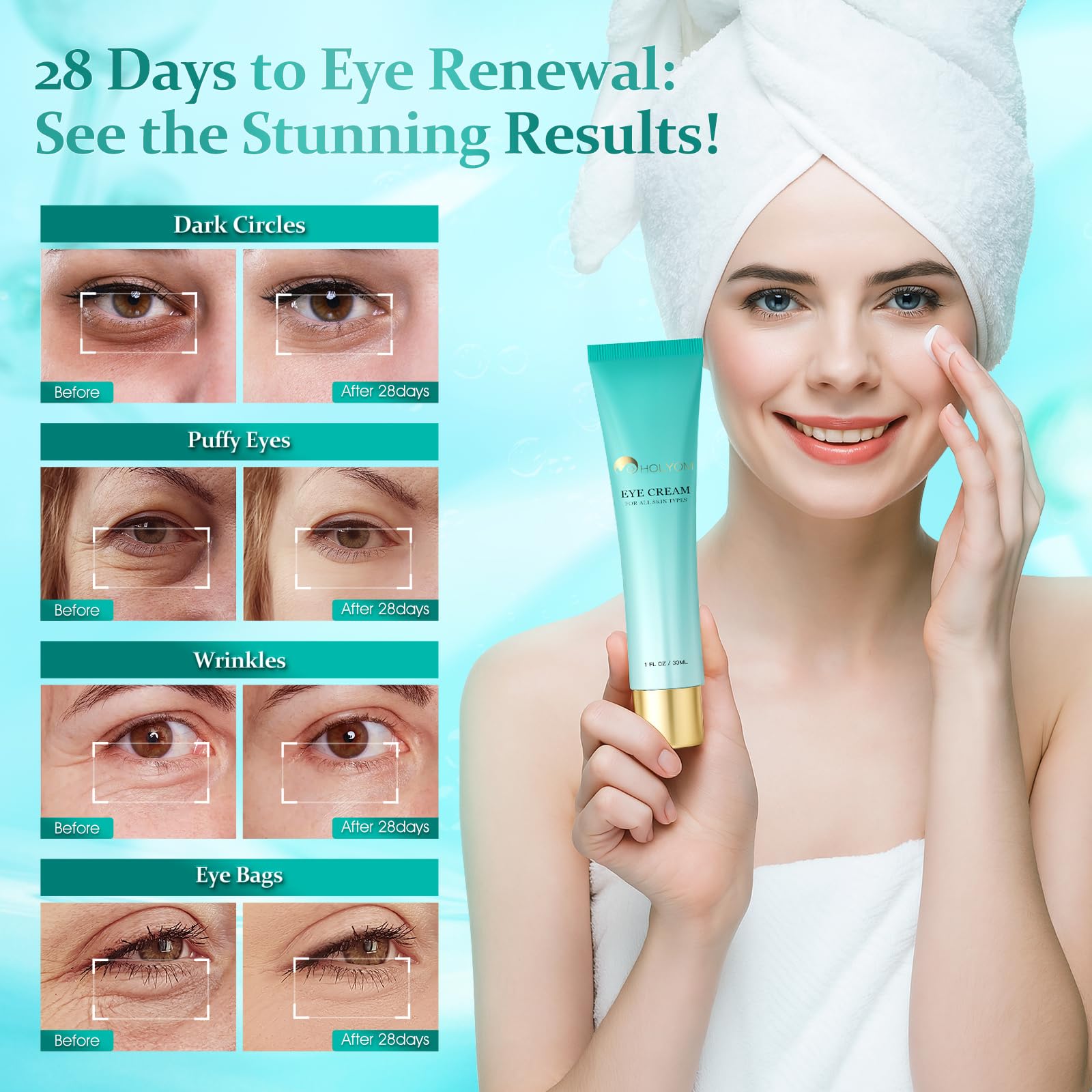 HOLYOM eye cream pump applicator demonstrates easy daily use.