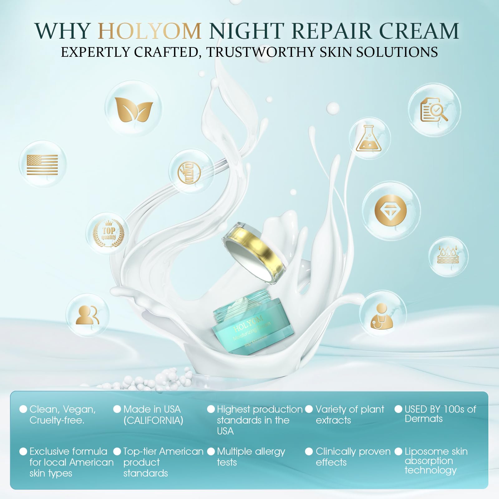 HOLYOM Restorative Night Cream in hand, ready for nightly application.
