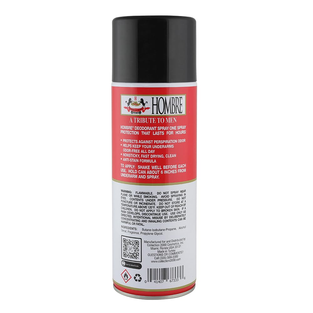 HOMBRE Red Deodorant Spray spray-dispense view showing quick-dry application