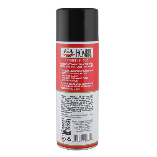 HOMBRE Red Deodorant Spray spray-dispense view showing quick-dry application