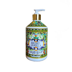 Home and Body Company Villa Flora hand soap set sits on sink for guest welcome.