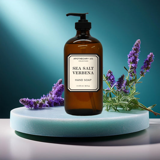 Home & Body Apothecary 101 Huckleberry bottle with amber glass and pump for mess-free hand washing