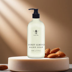 Home and Body Company Lady Bee packaging display with clear bottles adds stylish organization to sinks.