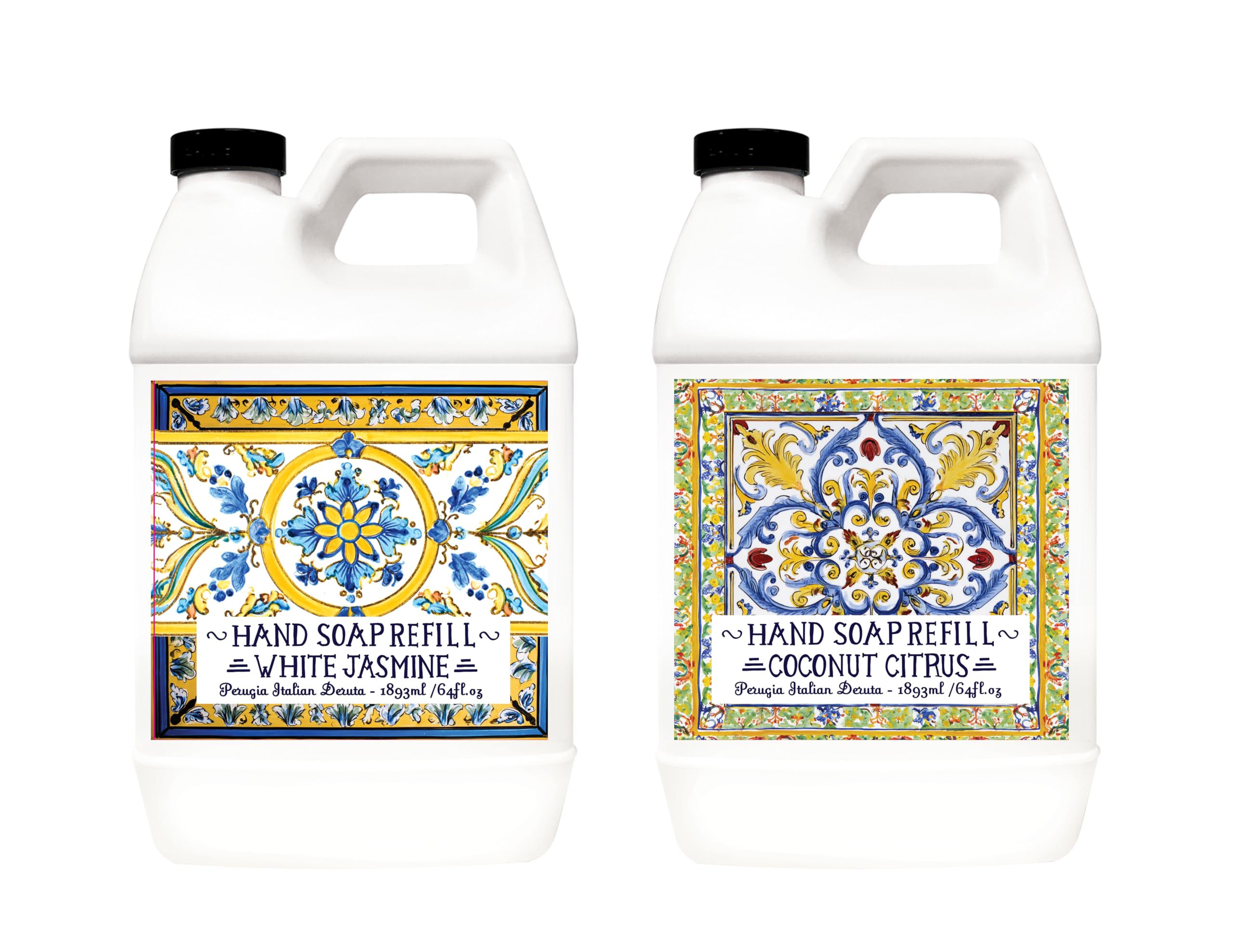 Home and Body Company Perugia white jasmine bottle with Deruta artwork for luxurious hand care at home