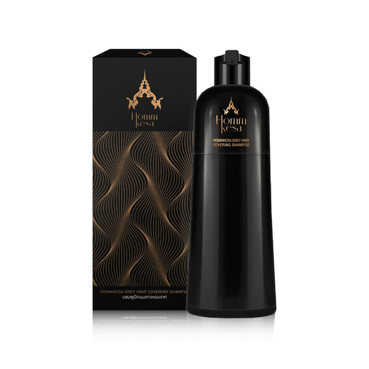 Hommkesa Grey Hair Covering Shampoo bottle reveals instant coverage and natural color.
