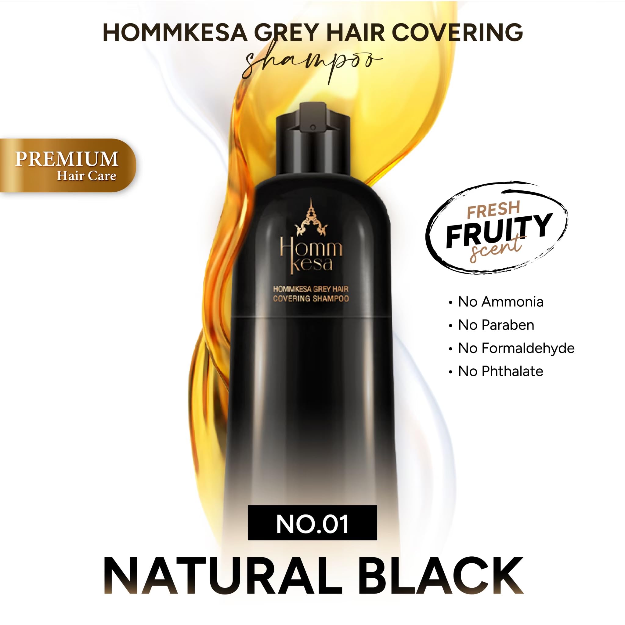 Hommkesa ingredients close-up highlights Vitamin E and Keratin for hair care.