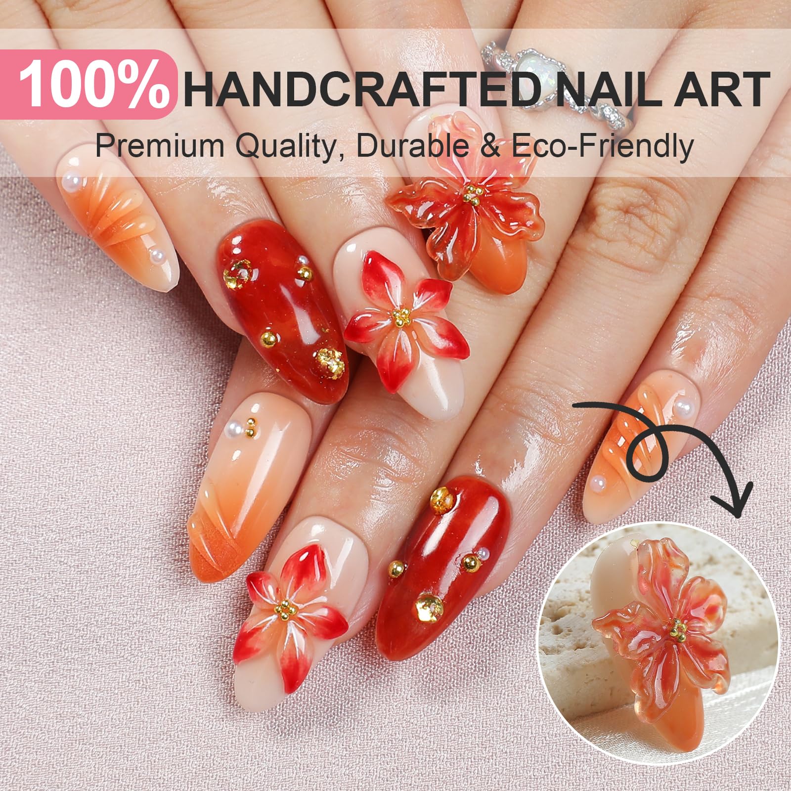 Homsera nails featuring 3D flowers and rhinestones add elegant detail for special occasions.