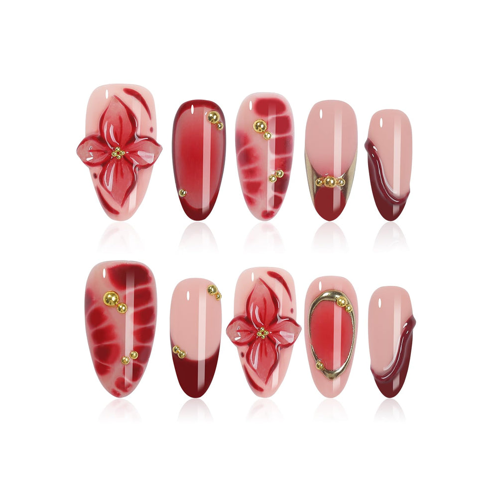 Homsera almond press-on nails with 3D flowers for a chic manicure at home.