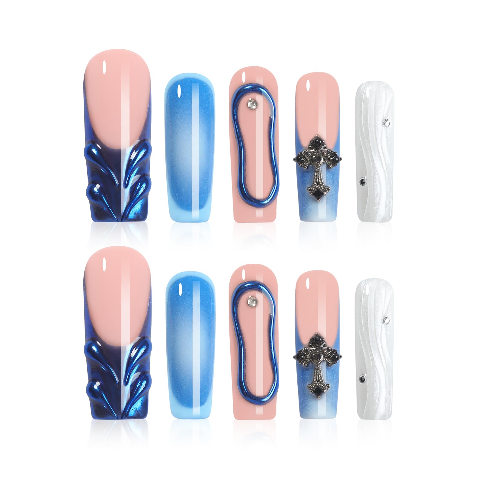 Homsera blue handmade XL square press-on nails with cross and circle decor for a salon look.