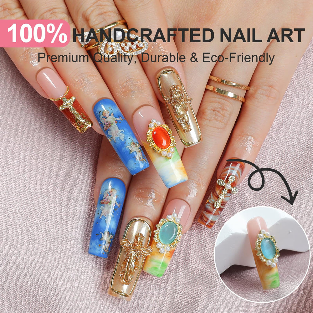 Homsera press-on nails showcase a 3D cherub detail and lasting shine for daily wear.
