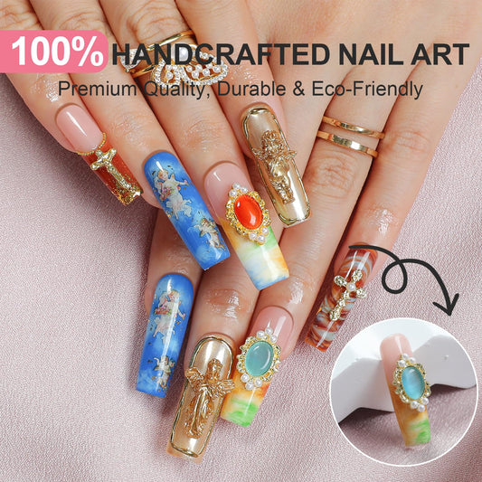 Homsera press-on nails showcase a 3D cherub detail and lasting shine for daily wear.