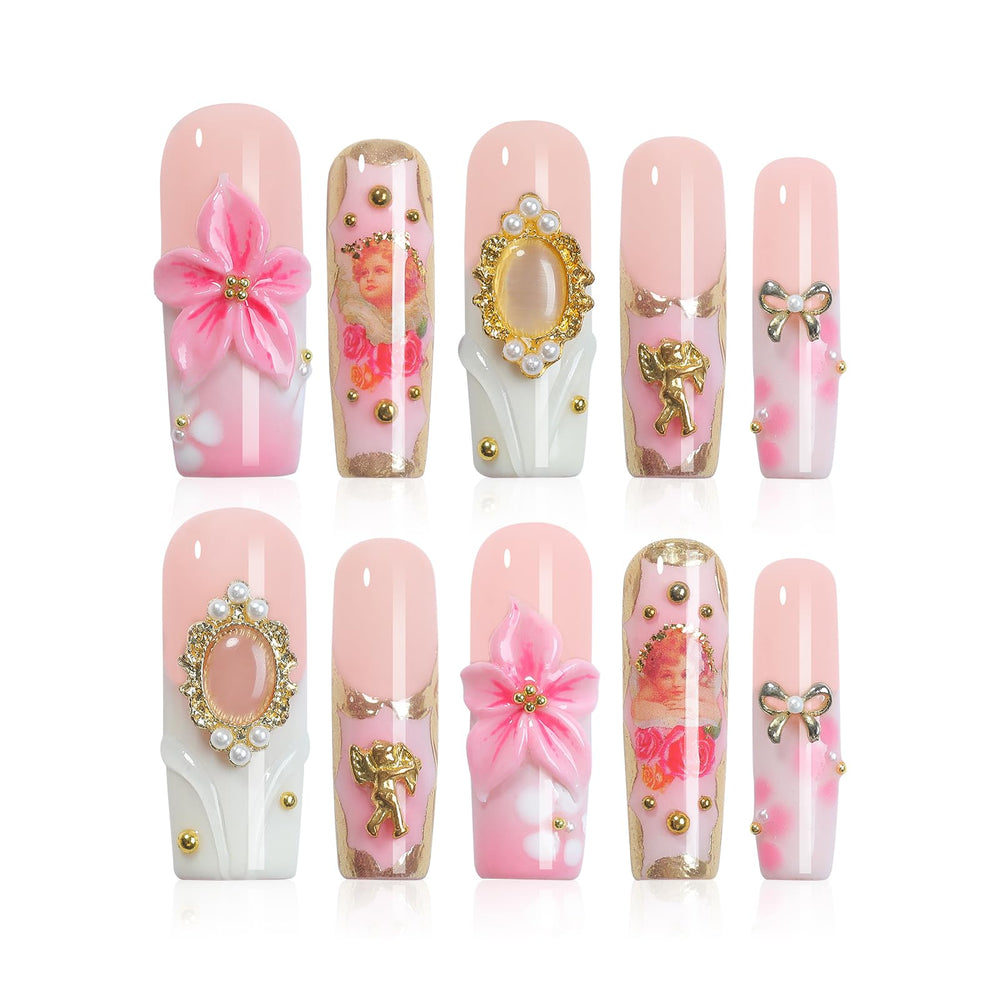 Homsera Elegant nails with pink rose design for chic at-home manicures.