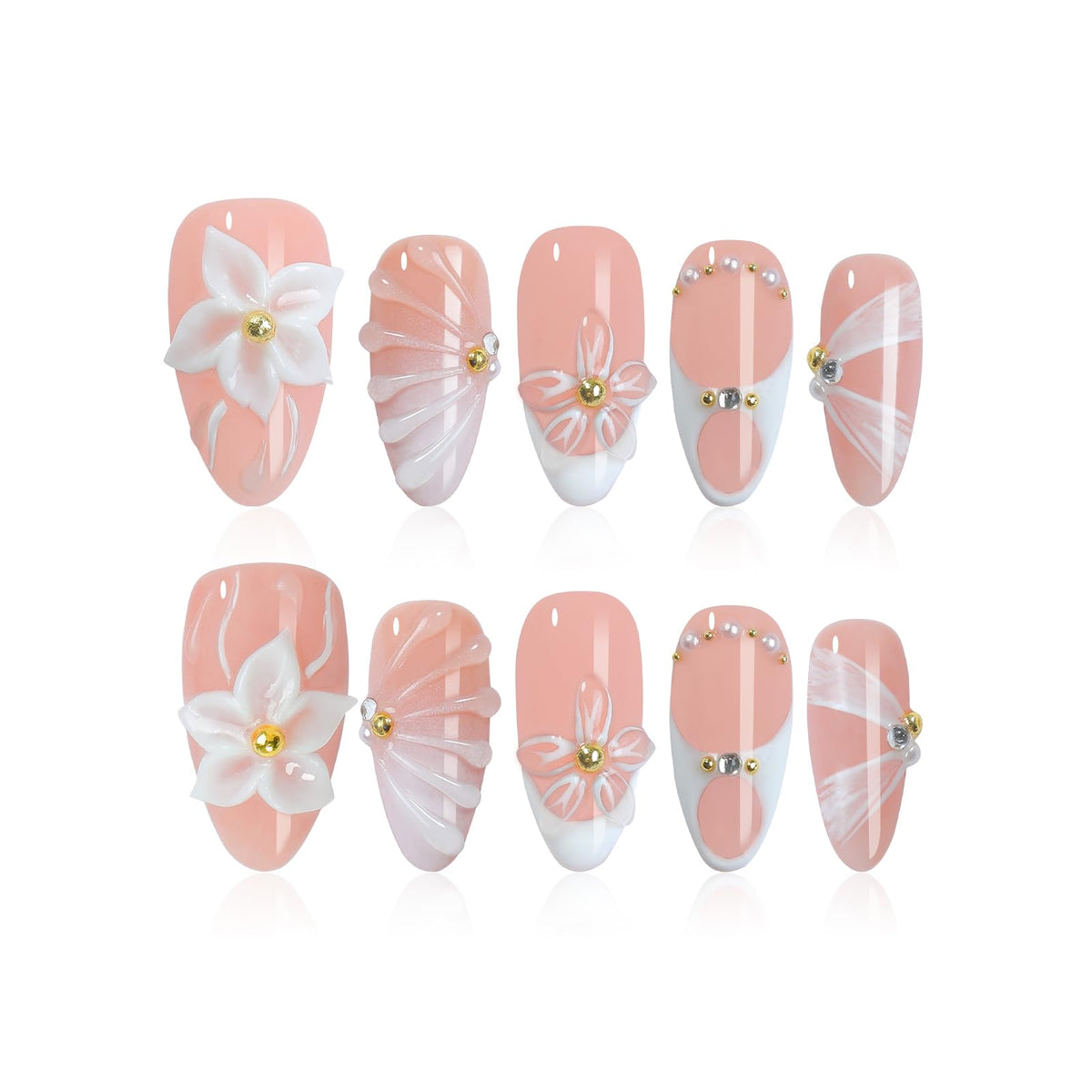 Homsera handmade French almond nails with floral design for at-home salon quality