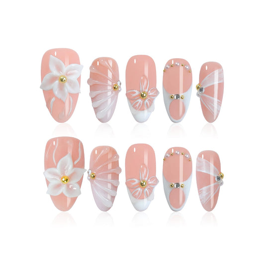 Homsera handmade French almond nails with floral design for at-home salon quality