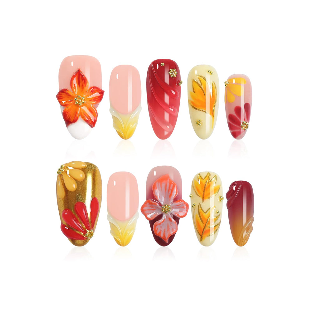 Homsera almond press-on nails with 3D maple leaf flowers for a bold, salon-inspired look.