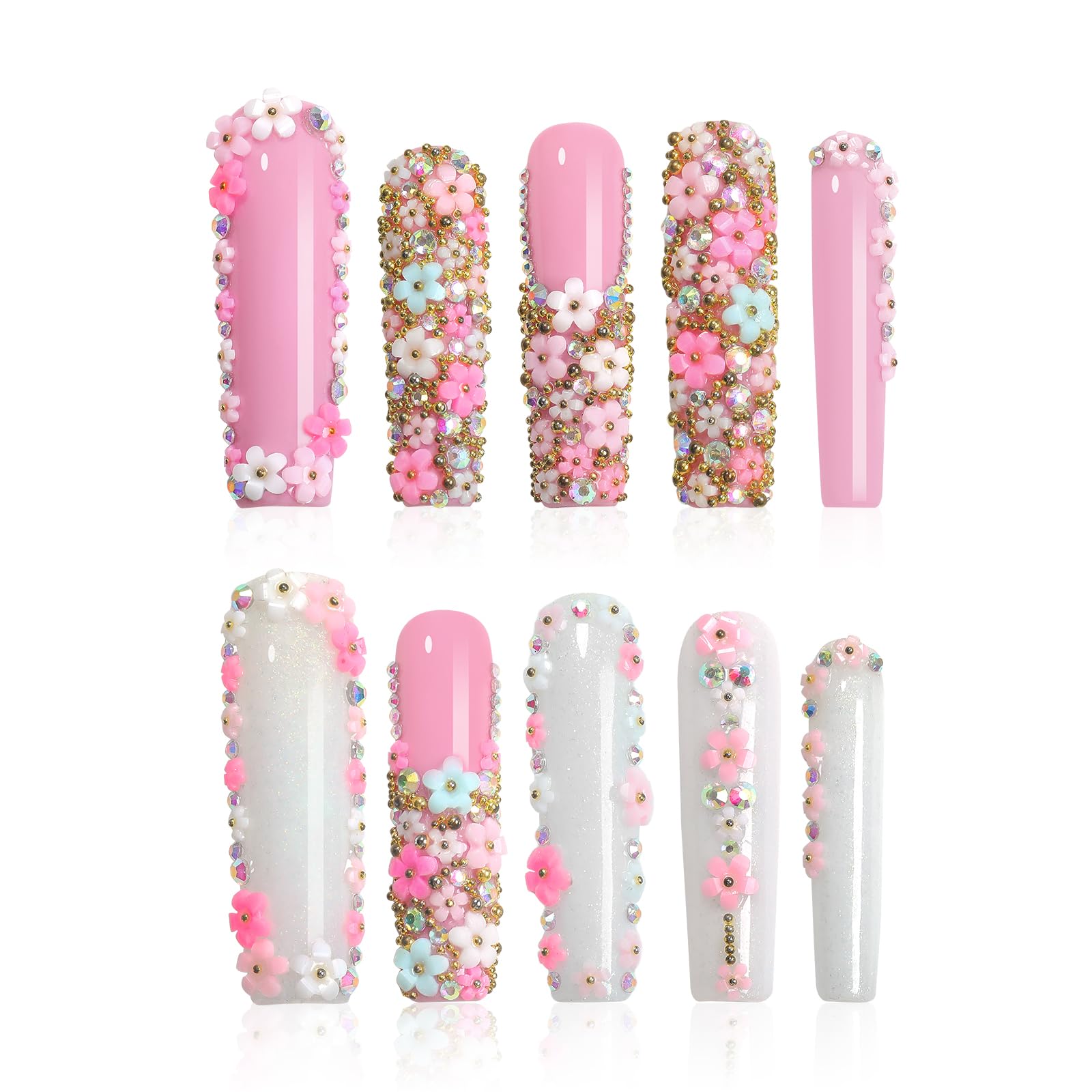 Homsera handmade press-on nails with rhinestone decor in coffin shape for a luxe salon look at home.