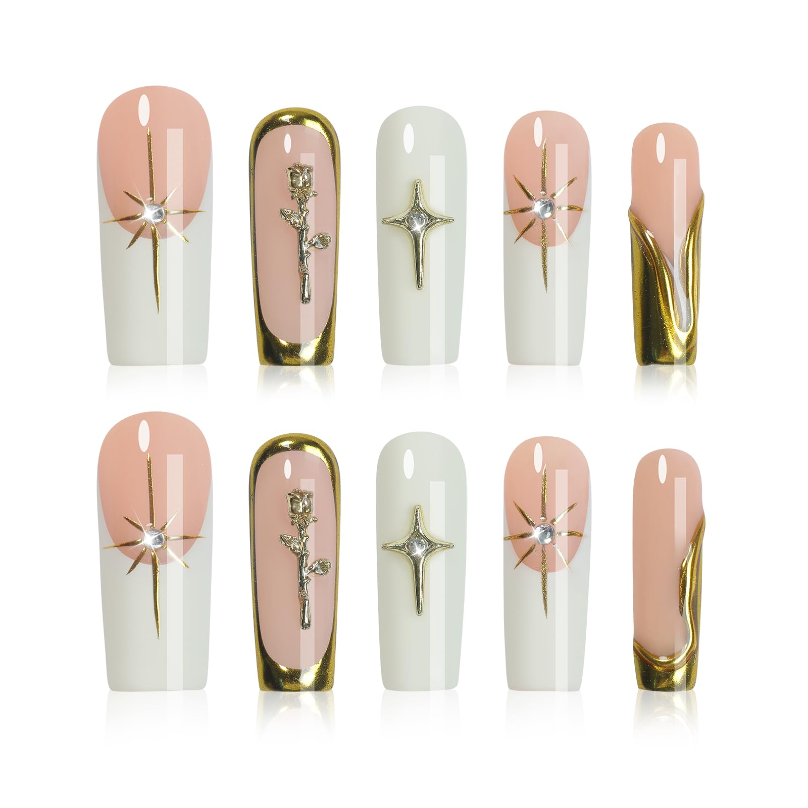 Homsera XL white nails with long square tips and 3D sun flower charms for elegance