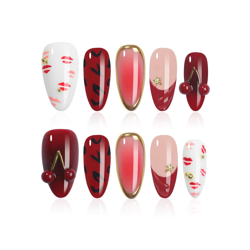 Homsera almond-shaped press-on nails with Valentine 3D cherry design for elegant manicure