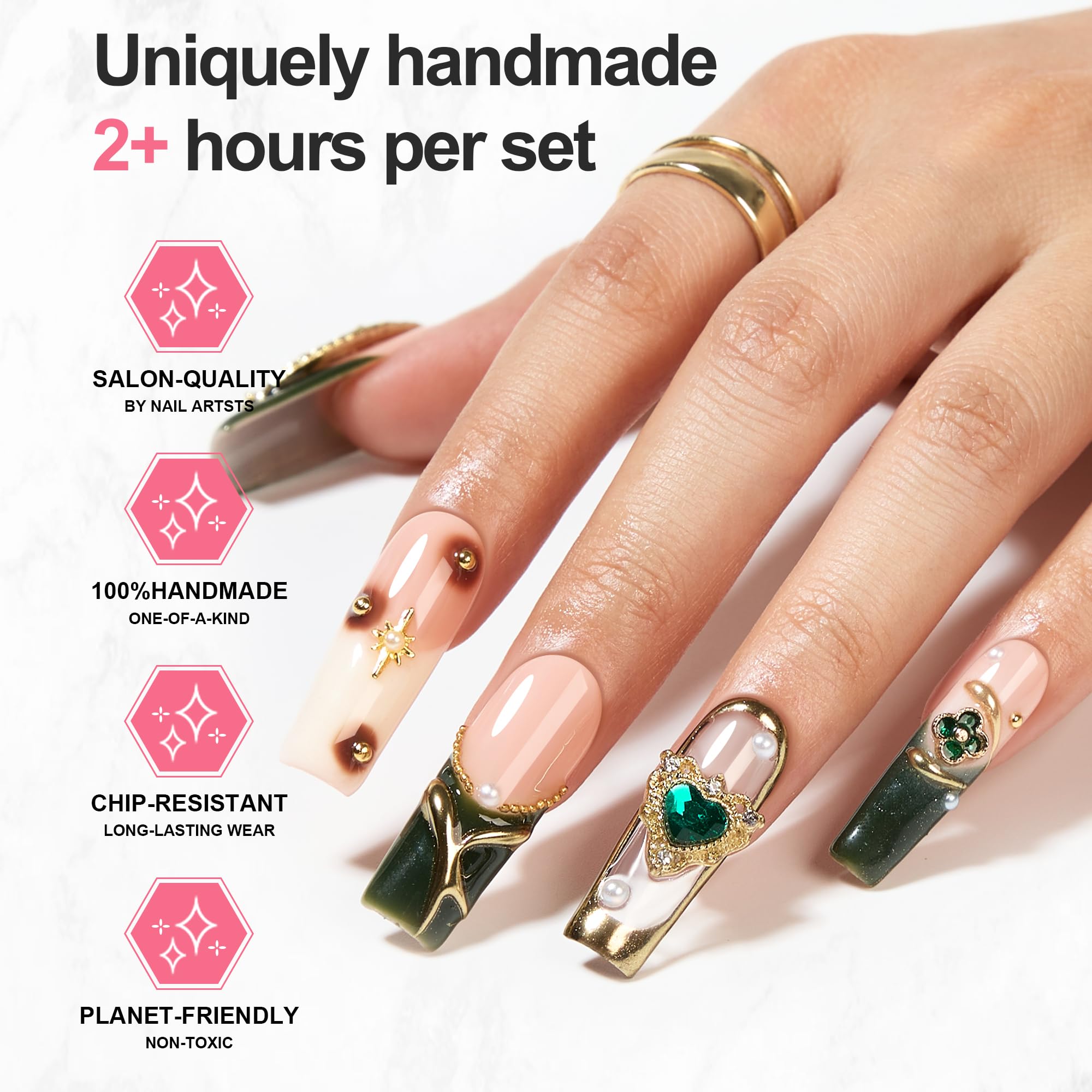 Homsera luxury golden nails showcasing divine figure design for eye-catching, versatile wear.