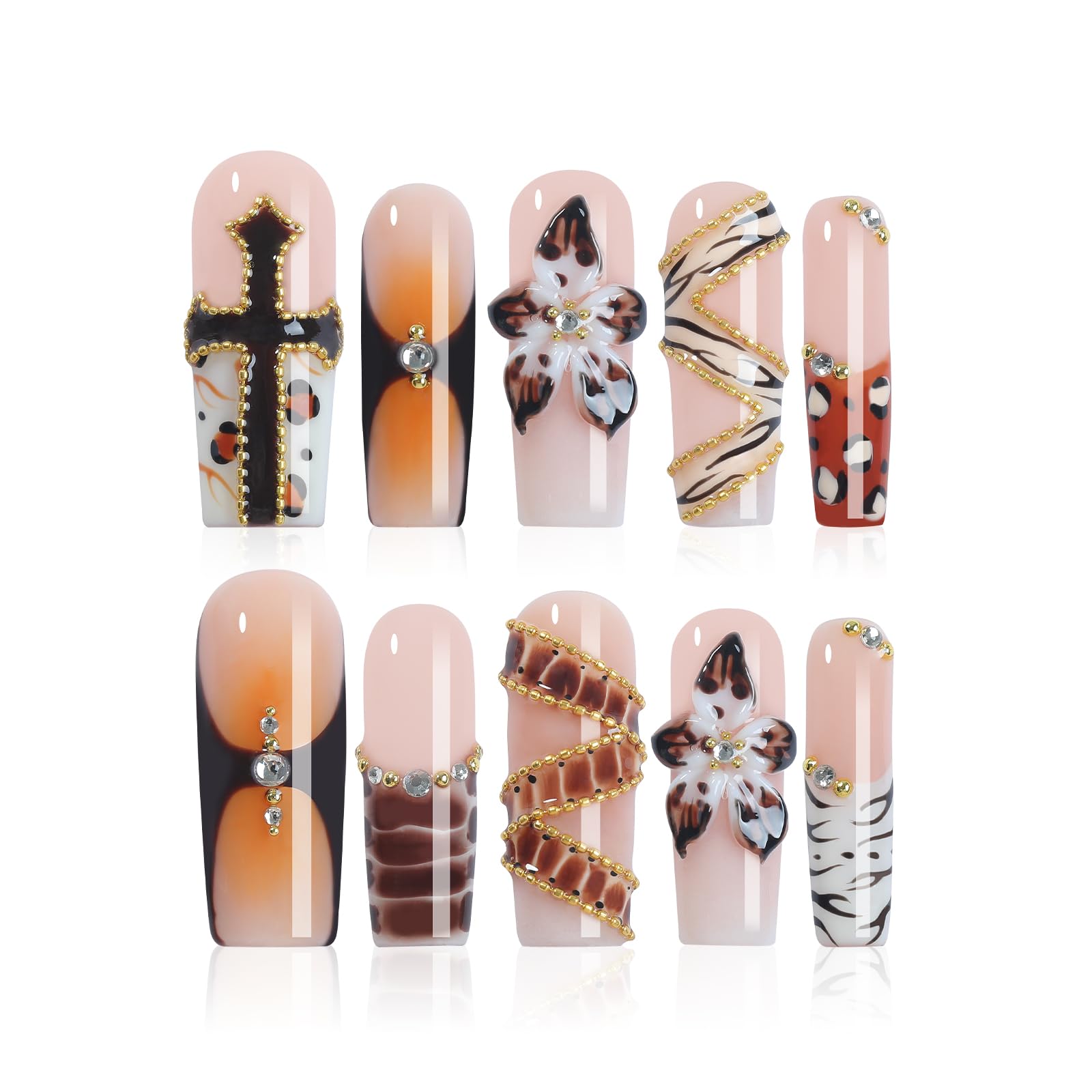 Homsera press-on nails with 3D floral motifs for a quick, elegant manicure.