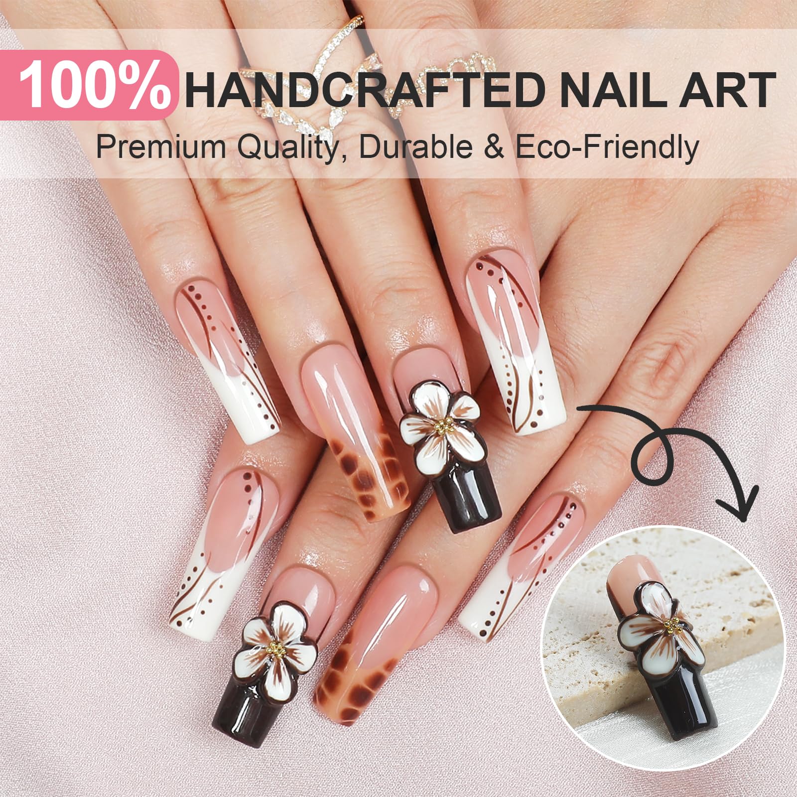 Homsera nails feature a watercolor marble base for a sophisticated, dual-tone look.