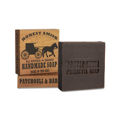 Honest Amish Patchouli soap lather closeup highlights creamy, moisturizing bubbles