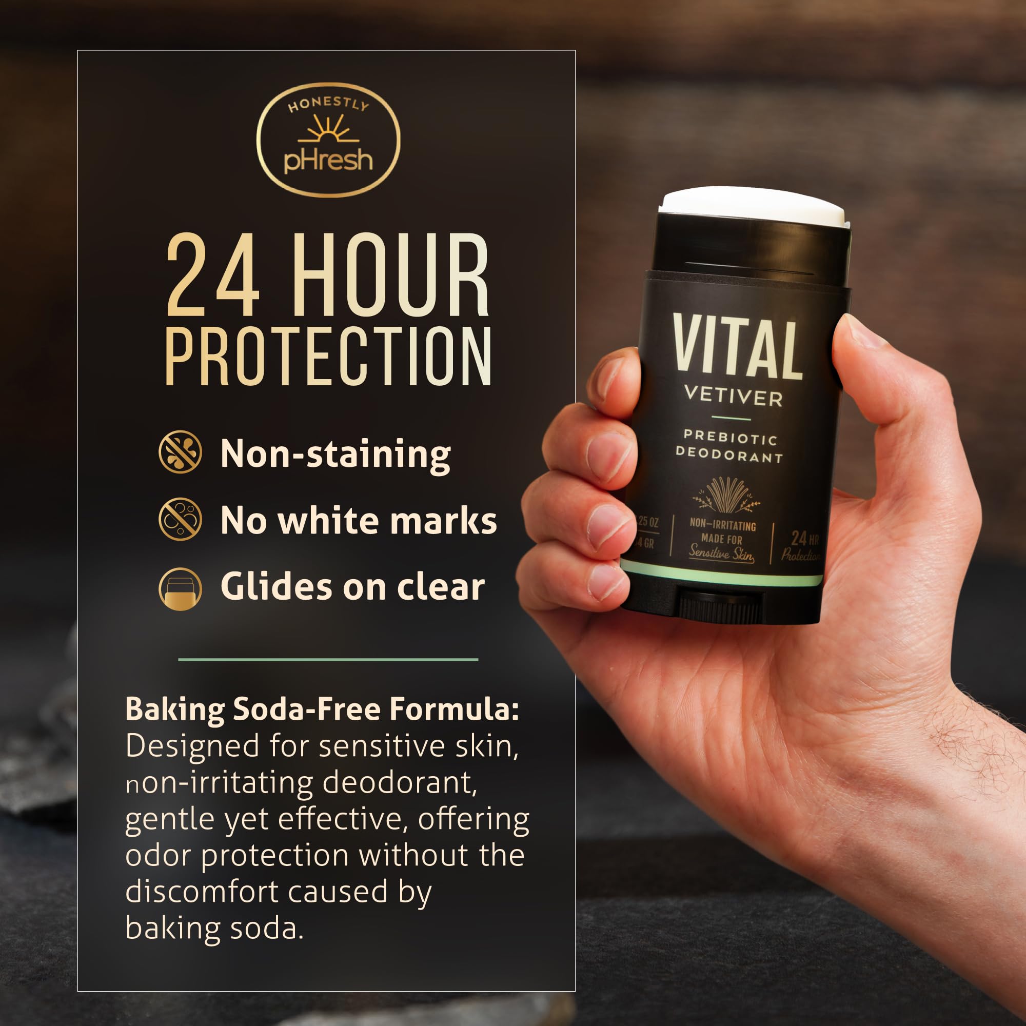 Honestly pHresh aluminum-free ingredient list highlights minerals and prebiotics for balanced skin.