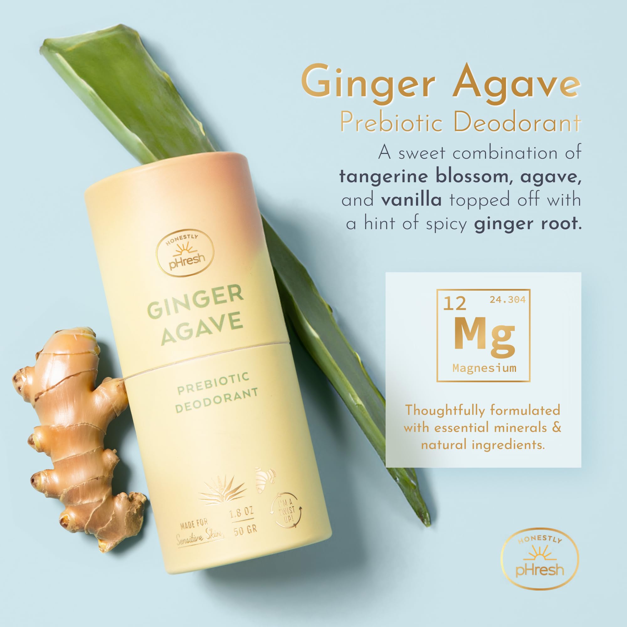 Honestly pHresh Ginger Agave ingredients highlight prebiotics and minerals for balanced skin
