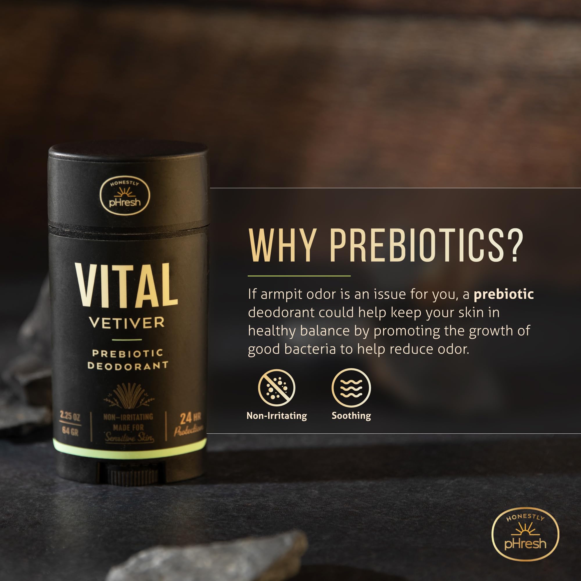Honestly pHresh prebiotic mineral deodorant stick showing clean, aluminum-free protection.