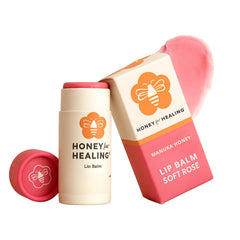 Honey for Healing Manuka Lip Balm Soft Rose tint in a tube for all-day moisture.