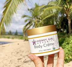Honey Girl Organics Body Creme small-batch label signals Hawaii craftsmanship.