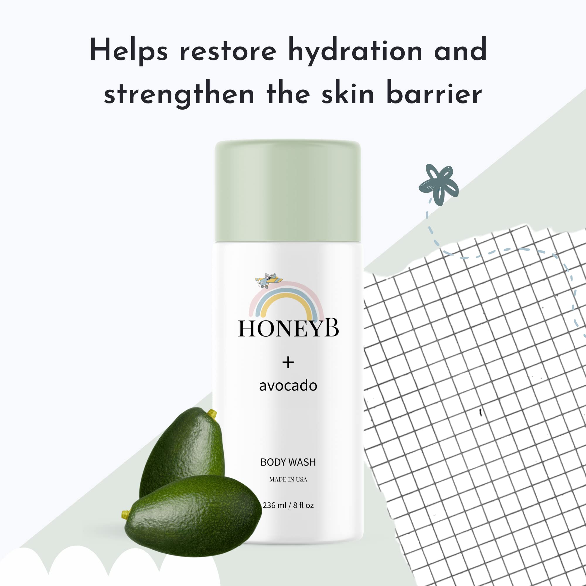 HoneyB ingredients aloe vera chamomile showcase soothing hydration for baby's bath time.